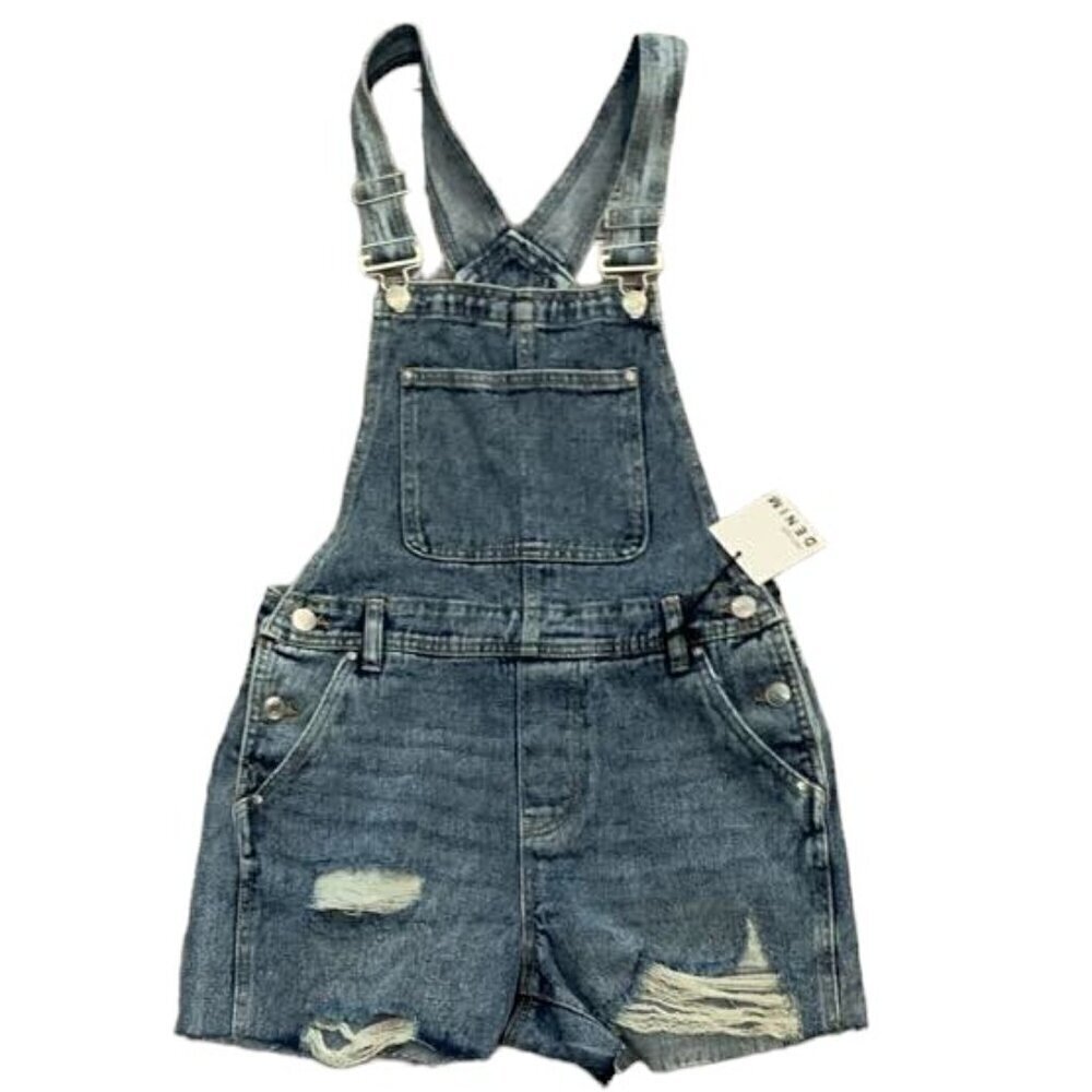 refuge Distressed Denim Short Overalls in Dark Blue